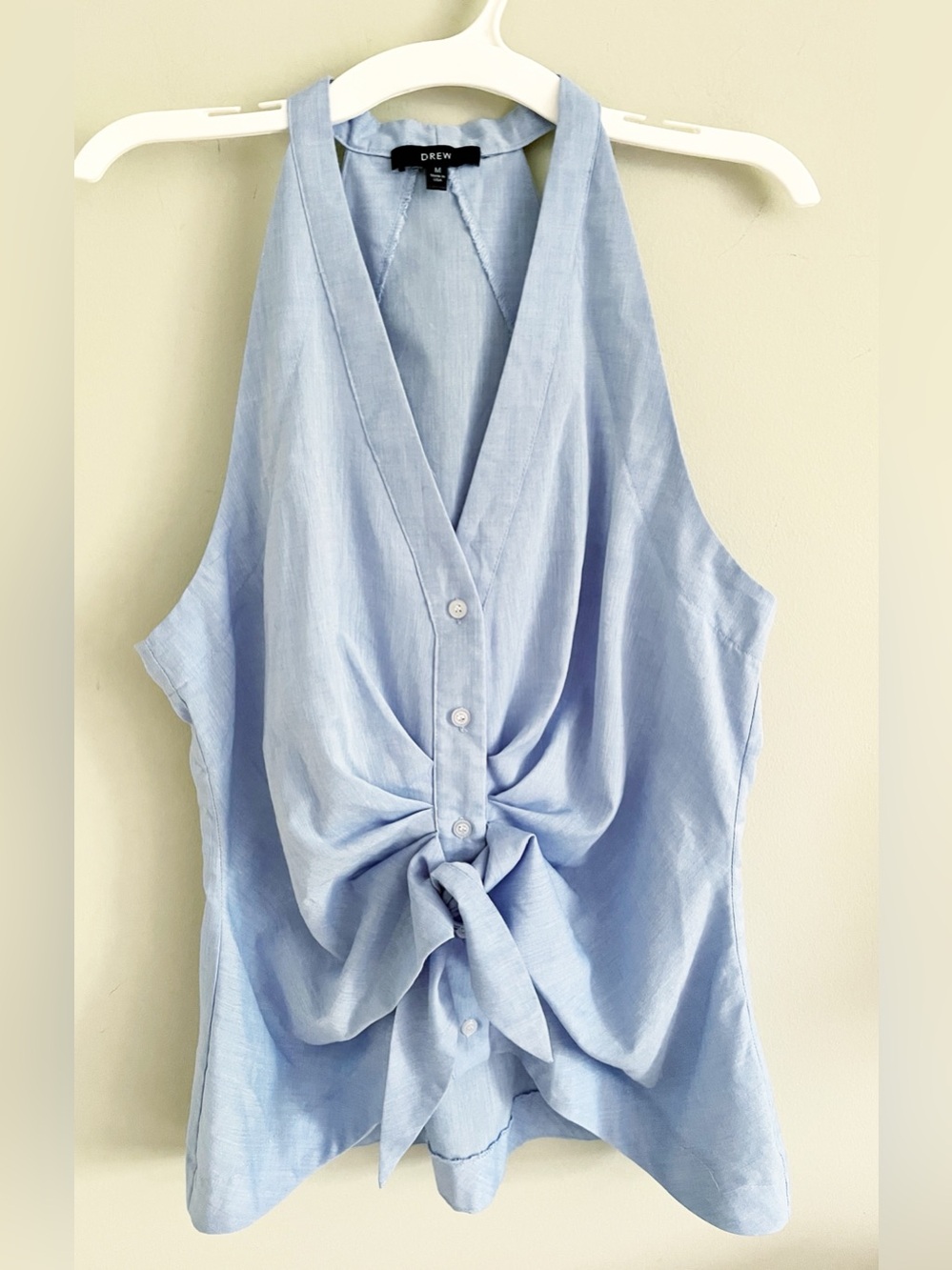 Drew light blue sleeveless front tie top Tibby